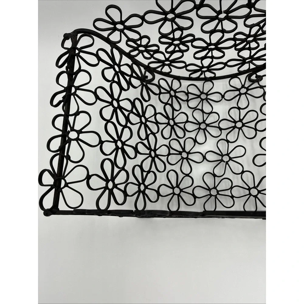Black Metal Floral Wire Basket Daisy Cutout Decorative Handle Cottagecore MCM